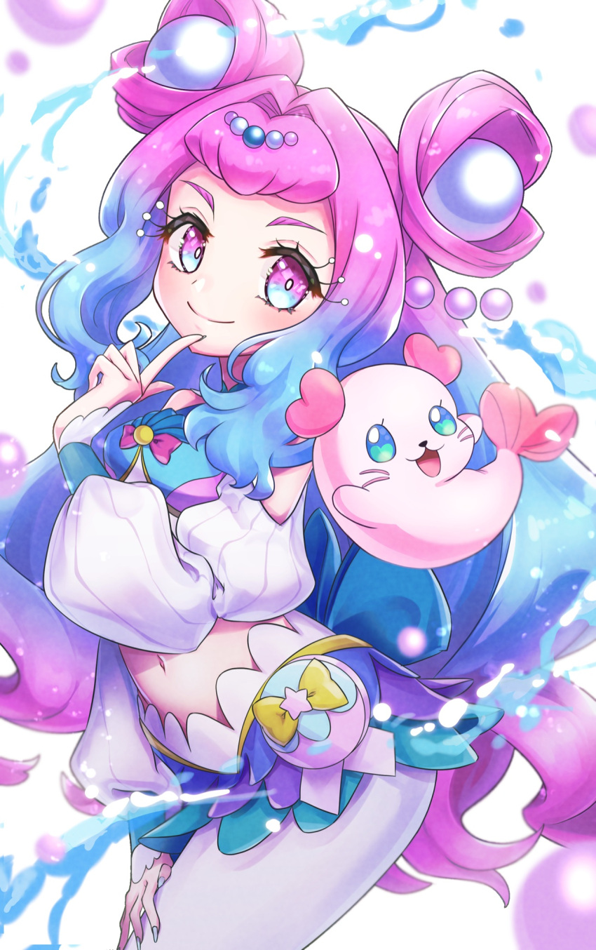 arm_warmers blue_eyes blue_nails colored_eyelashes crop_top cure_la_mer eyelash_ornament heart heart_in_eye highres kururun_(precure) laura_la_mer layered_skirt leggings magical_girl midriff mismatched_eyelashes moukinui multicolored_eyes nail_polish navel pearl_hair_ornament pouch precure seal_(animal) skirt smile symbol_in_eye thick_eyelashes tropical-rouge!_precure water white_background white_leggings