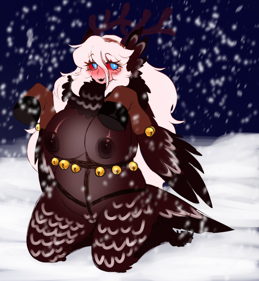 animal_humanoid aspenofsimpcon avian avian_humanoid bell big_breasts blue_eyes blush breasts christmas christmas_clothing chubby_female clothing cosplay feathers female hair hi_res holidays hooves humanoid long_hair reindeer_antlers snow solo white_hair wings wren_(aspen)