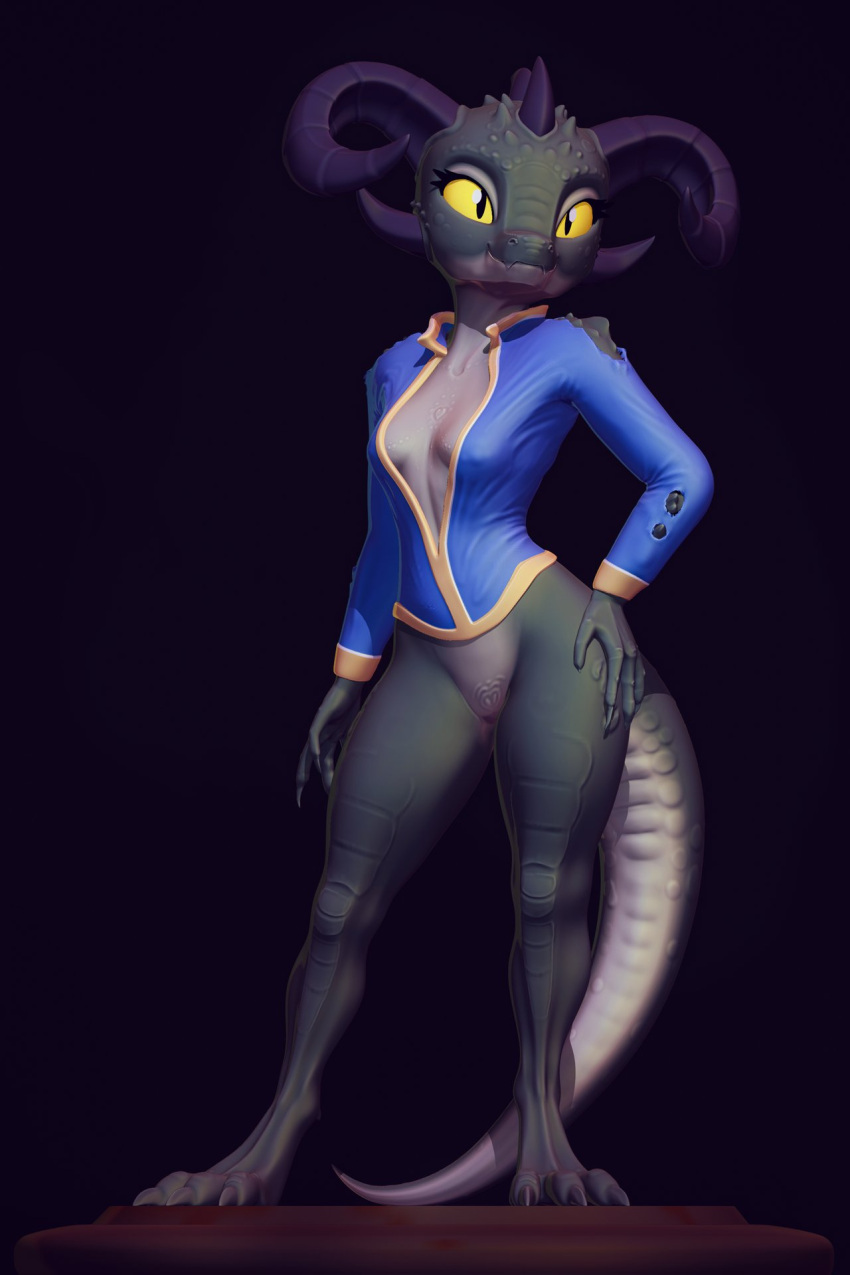 2022 3d_(artwork) anthro barefoot bethesda_softworks bottomless breasts clothed clothing curved_horn deathclaw digital_media_(artwork) digitigrade fallout feet female hi_res horn kobold non-mammal_breasts scalie shirt shydale solo spikes spikes_(anatomy) standing topwear torn_clothing two-tone_body two-tone_tail vault_suit yellow_eyes