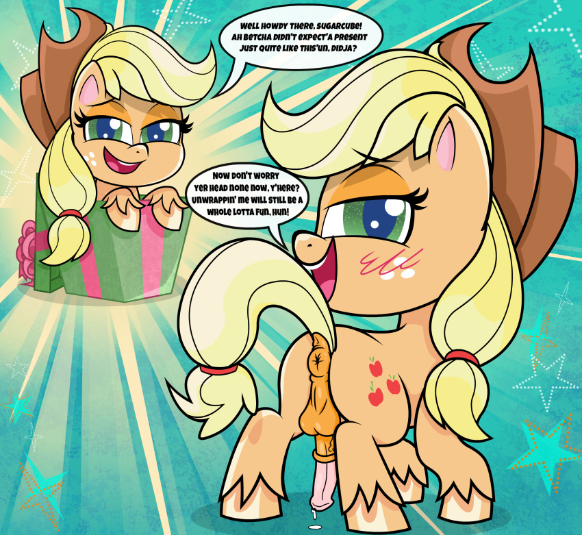 2020 anatomically_correct anatomically_correct_anus anatomically_correct_genitalia anatomically_correct_penis animal_genitalia animal_penis anus applejack_(mlp) balls bedroom_eyes blonde_hair blush bodily_fluids butt chibi christmas christmas_present clothing cowboy_hat cum cum_on_ground cutie_mark dialogue digital_drawing_(artwork) digital_media_(artwork) dock earth_pony english_text equid equine equine_penis eyelashes feral fetlocks freckles friendship_is_magic fur genital_fluids genitals gift green_eyes gynomorph hair hasbro hat headgear headwear hi_res holidays hooves horse innuendo intersex looking_at_viewer looking_back looking_back_at_viewer mammal medial_ring my_little_pony my_little_pony:_pony_life narrowed_eyes on_model open_mouth open_smile orange_anus orange_balls orange_body orange_fur orange_hooves penis pink_penis pony precum presenting presenting_anus presenting_hindquarters puckered_anus puffy_anus quadruped seductive smile solo speech_bubble spookitty star tail_aside text yellow_tail