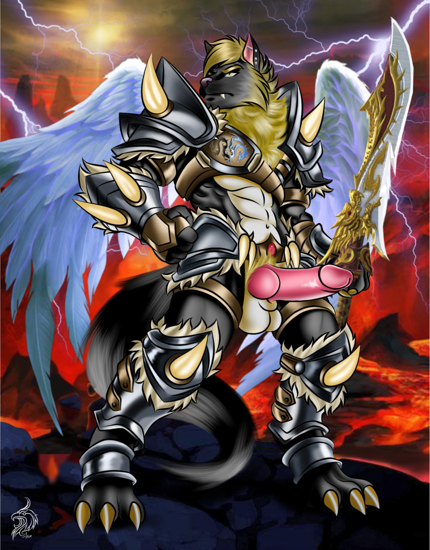 armor balls big_penis canid canine erection genitals hi_res knot male mammal penis solo soyanum warrior