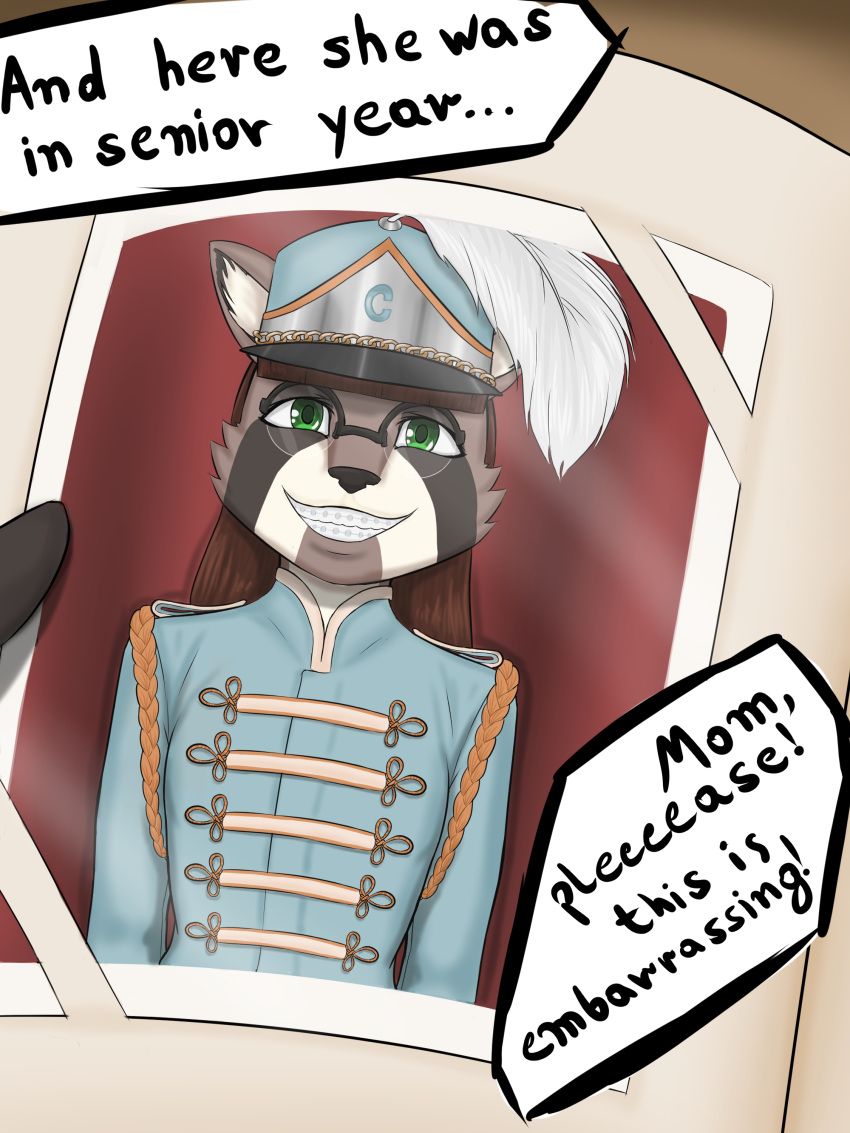 absurd_res anthro dialogue english_text eyewear female glasses hi_res marching_band_uniform nerd samantha_flores slim smile solo text torfur