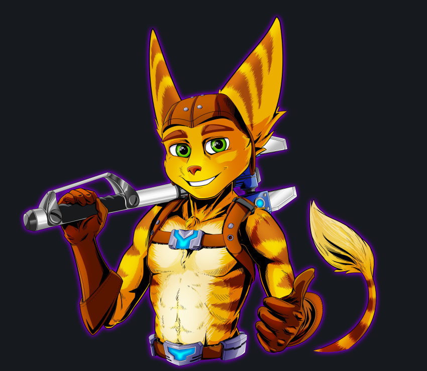 absurd_res anthro athletic clothing gloves green_eyes handwear hi_res lombax male mammal omniwrench ratchet ratchet_and_clank solo sony_corporation sony_interactive_entertainment stripes sygnatus