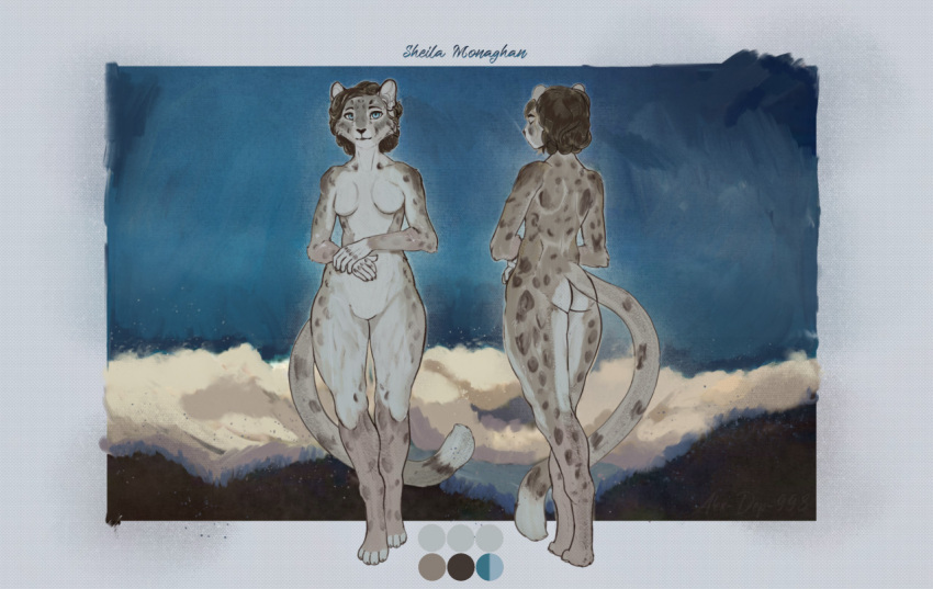 abstract_background alex-dep-998 anthro blue_eyes breasts brown_hair featureless_breasts featureless_crotch felid female hair mammal model_sheet nude pantherine sheila_(contritecougar) snow_leopard solo