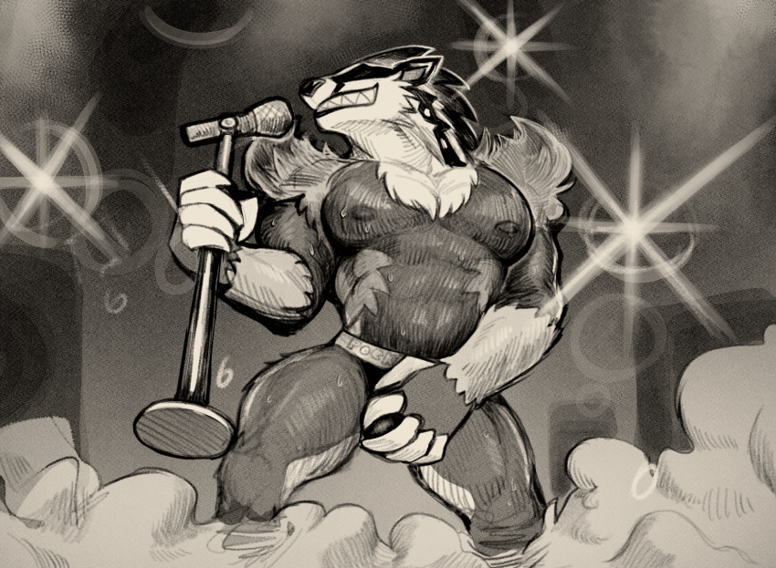 2022 abs anthro bulge daftpatriot eyes_closed generation_8_pokemon hi_res holding_crotch male mammal microphone muscular muscular_male nintendo obstagoon pecs pokemon pokemon_(species) sharp_teeth smile solo stage_lights teeth