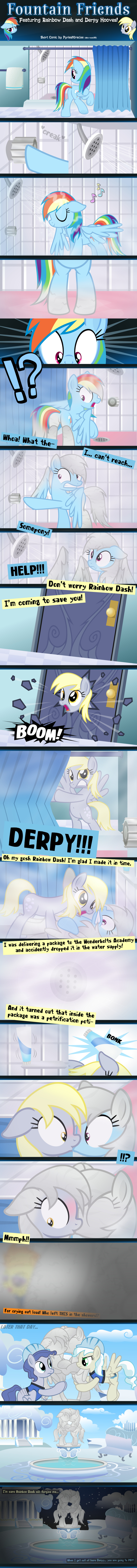 2018 ?! absurd_res accidental_kiss armor bad_end clumsy comic day derpy_hooves_(mlp) dialogue digital_media_(artwork) door equid equine exclamation_point female female/female feral fountain friendship_is_magic hard_hat hasbro headgear helmet hi_res holding_each_other horse inanimate_transformation kissing long_image mammal mistakes_were_made my_little_pony night nxzc88 on_model pegasus petrification pony question_mark rainbow_dash_(mlp) rescue sculpture shower spitfire_(mlp) statue tall_image transformation wings wonderbolts_(mlp) wonderbolts_academy