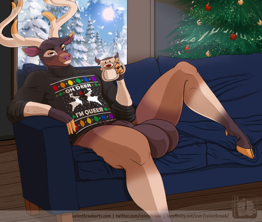 animal_genitalia anthro antlers balls big_balls bottomless brown_body brown_fur capreoline celestbrook christmas christmas_clothing christmas_ornament christmas_tree clothed clothing cloven_hooves deer fully_sheathed fur furniture genitals hi_res holidays hooves horn huge_balls inside looking_at_viewer male mammal mug novelty_clothing partially_clothed plant rainbow_pride_colors reindeer sheath sitting snow snowing sofa solo sun tree window winter