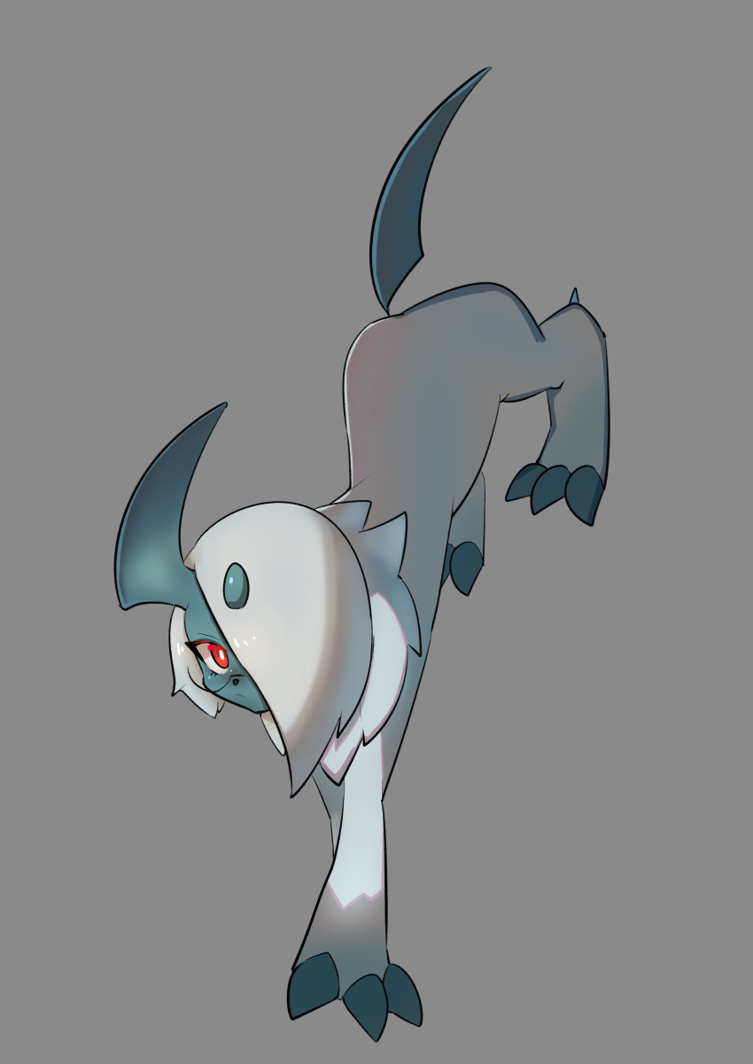 2022 3_toes absol absurd_res ambiguous_gender blue_body claws eyewear feet feral fur generation_3_pokemon glasses grey_background hair hair_over_eye hi_res looking_at_viewer mxlovegopdng nintendo not_furry one_eye_obstructed pokemon pokemon_(species) red_eyes sharp_claws simple_background solo toe_claws toes white_body white_fur
