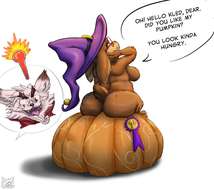 ambiguous_gender anthro breasts brown_body brown_fur butt clothing dialogue duo eyewear female fennephilim_fox food fruit fur glasses glistening glistening_eyes halloween_costume hand_on_cheek hat headgear headwear hi_res kled_(lol) league_of_legends looking_back nails norra_(league_of_legends) obese open_mouth overweight panties plant presenting pumpkin riot_games short_tail sitting slightly_chubby smile talking_to_another teeth tongue tongue_out underwear white_body white_fur witch_hat yordle