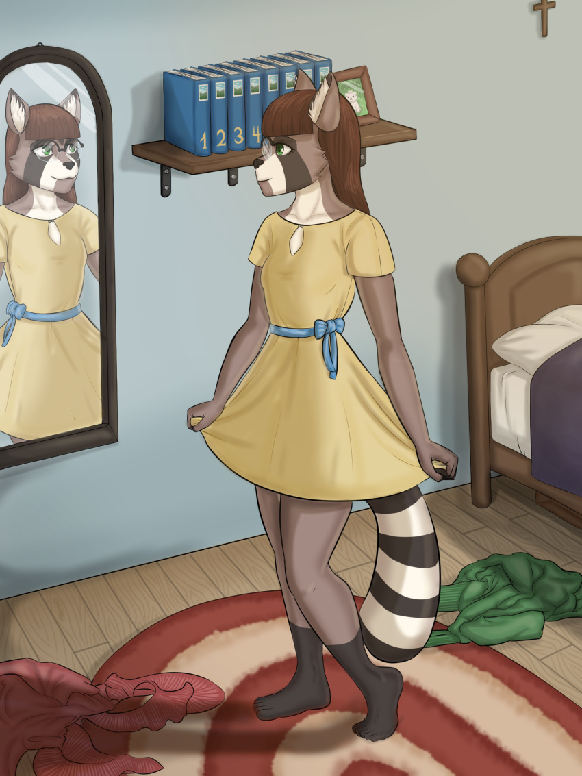 absurd_res anthro barefoot bedroom clothing dress eyewear feet female flat_chested glasses green_eyes hi_res mammal mirror procyonid raccoon samantha_flores solo torfur