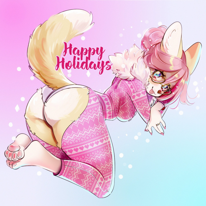 anthro blep blue_eyes blush brown_body brown_fur butt canid canine canis christmas christmas_clothing claws clothing domestic_dog eyewear female fur glasses hair herding_dog hi_res holidays lizombie looking_at_viewer looking_back looking_back_at_viewer mammal painted_claws pajama_pants pajama_shirt pajamas pastoral_dog pawpads paws pink_claws pink_hair ring_(jewelry) smile solo tongue tongue_out welsh_corgi