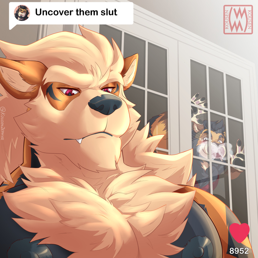 &lt;3 1:1 2022 anthro anthrofied arcanine big_muscles big_nipples big_pecs breath chest_tuft cover_them_up_slut duo english_text eyebrows fangs felid fur generation_1_pokemon hi_res inside instagram kousen kousen_(kousenzephyr) lion looking_at_another looking_at_viewer male male/male mammal mane meme muscular muscular_anthro muscular_male nintendo nipples nude number pantherine pecs pokemon pokemon_(species) red_eyes selfie sharp_teeth smile social_media teeth text tongue tongue_out tuft url voyeur watermark window