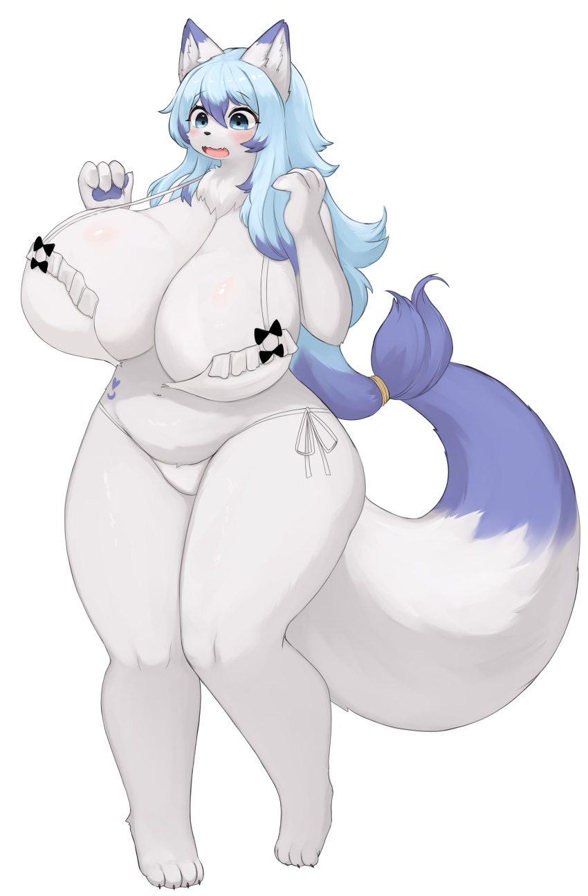 2022 absurd_res anthro big_breasts bikini blue_eyes blue_hair blush breasts canid canine chest_tuft claws cleavage clothed clothing cute_fangs digital_media_(artwork) embarrassed feet female female_anthro fluffy fox fur hair hi_res huge_breasts inake kemono lily_mari mammal multicolored_hair open_mouth pawpads paws purple_body purple_fur purple_hair simple_background solo standing swimwear toe_claws toes tongue tuft wardrobe_malfunction white_background white_body white_fur