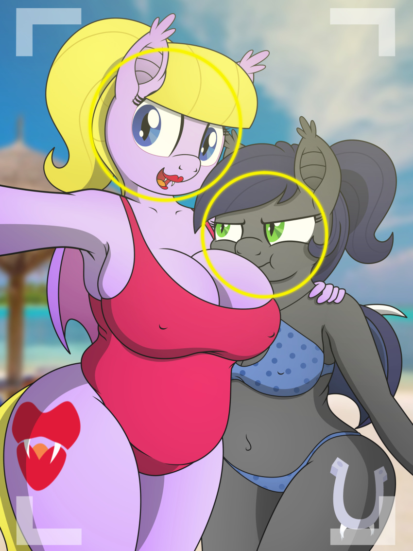2018 absurd_res an-tonio anthro bat_pony bat_wings beach belly big_breasts bikini blonde_hair blue_eyes blue_hair breasts camera_view cleavage clothed clothing collaboration cutie_mark digital_media_(artwork) duo equid equine erect_nipples fangs female flourish_glade_(pananovich) frostbite_(panovich) green_eyes grey_body grumpy hair hasbro hi_res horse legs_together lipstick makeup mammal membrane_(anatomy) membranous_wings my_little_pony navel nipple_outline nipples one-piece_swimsuit pananovich ponytail pupils purple_body red_lipstick seaside selfie sibling sister sisters size_difference slightly_chubby slit_pupils smile story_at_source suggestive swimwear teeth wide_hips wings