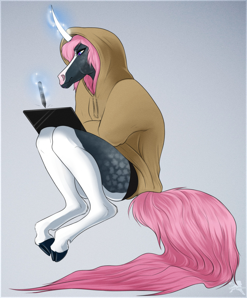 2022 anthro clothed clothing cloven_hooves digital_media_(artwork) drawing_tablet equid equine eyebrows eyelashes facial_markings female fluffymare hair head_markings heterochromia hi_res hoodie hooves horn looking_down magic_user mammal mane markings multicolored_body pink_hair pink_mane pink_tail raeni simple_background sitting solo tablet_pen topwear two_tone_body underwear unicorn