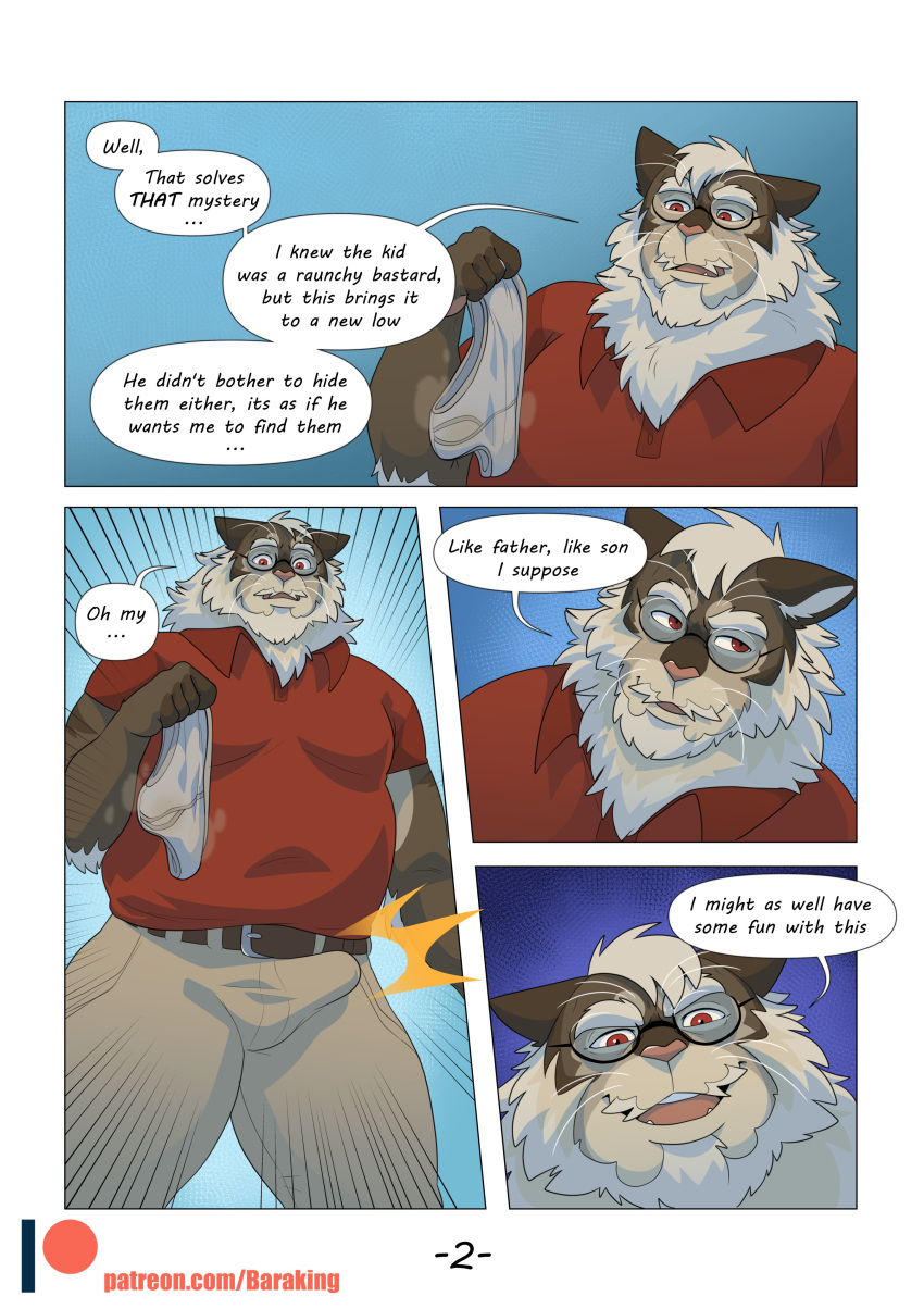 absurd_res anthro baraking beard belt biped bottomwear bulge clothed clothing comic dialogue domestic_cat erection erection_under_clothing eyewear facial_hair felid feline felis fully_clothed fully_clothed_anthro fully_clothed_male glasses grey_hair hair hi_res khon_(baraking) male mammal mature_anthro mature_male motion_lines mustache pants patreon patreon_logo red_clothing red_shirt red_topwear shirt solo speech_bubble standing tan_bottomwear tan_clothing tan_pants text topwear url whiskers zoom_lines