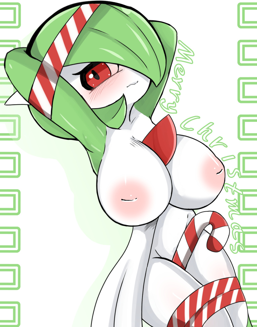 2022 areola bdsm big_breasts blush bondage bound breasts candy candy_cane christmas convenient_censorship dessert embarrassed english_text female food gardevoir generation_3_pokemon green_hair hair hands_behind_head hi_res himimi holidays huge_breasts humanoid inverted_nipples legs_tied looking_at_viewer nintendo nipples not_furry one_eye_obstructed pink_areola pokemon pokemon_(species) pseudo_clothing red_eyes ribbon_bondage ribbons small_waist solo text white_body white_skin