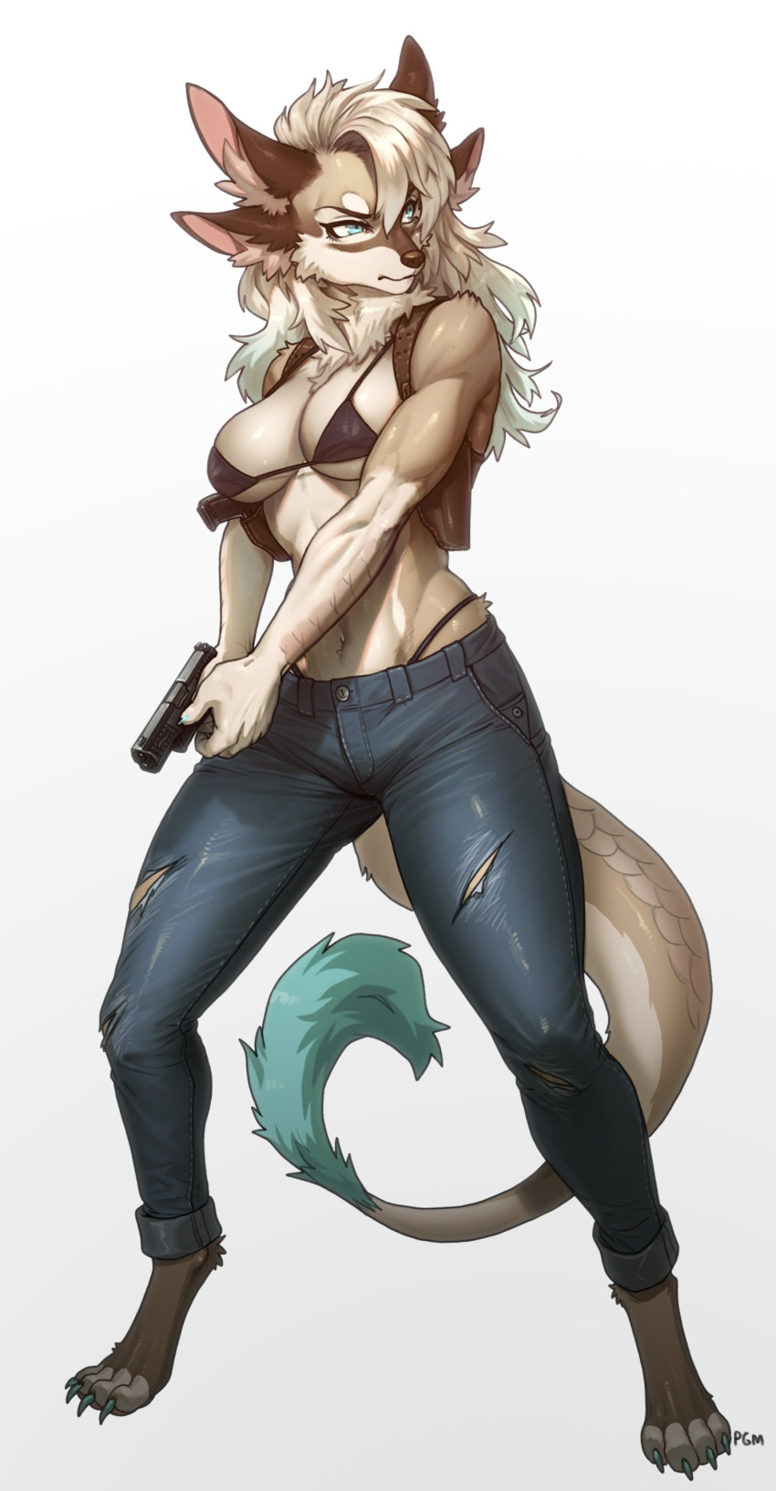 2022 5_fingers absurd_res anthro bikini blue_bottomwear blue_clothing blue_pants bottomwear clothing digital_media_(artwork) digitigrade female fingers gun hair handgun hi_res pants pgm300 pistol ranged_weapon signature solo swimwear unknown_species weapon