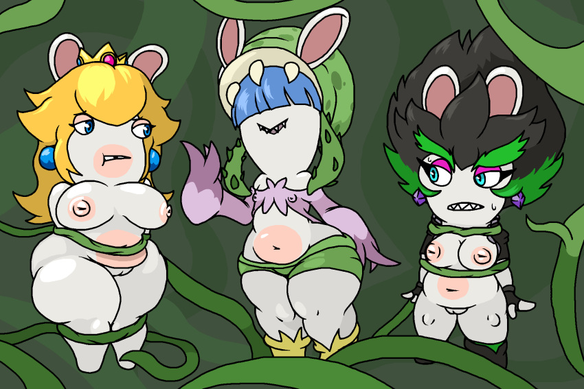 anthro bangs bdsm belly big_butt black_hair blonde_hair blue_hair bodily_fluids bondage bottomwear bound breasts butt clothed clothing crossover crown daphne_(mario_plus_rabbids) ear_piercing ear_ring edge_(mario_plus_rabbids) fangs female female/female fur genitals green_hair grin group gynomorph hair hair_over_eye hair_over_eyes hat headgear headwear hi_res hotpants intersex jacket lagomorph mammal mario_bros mario_plus_rabbids_kingdom_battle mario_plus_rabbids_sparks_of_hope multicolored_hair navel nervous nervous_sweat nintendo one_eye_obstructed overweight partially_clothed piercing pussy rabbid rabbid_peach raving_rabbids rayman_(series) ring_piercing sharp_teeth shorts slightly_chubby smile somedutchweirdo sweat sweatdrop teeth thick_thighs tight_clothing topwear trio ubisoft vines white_body white_fur wide_hips