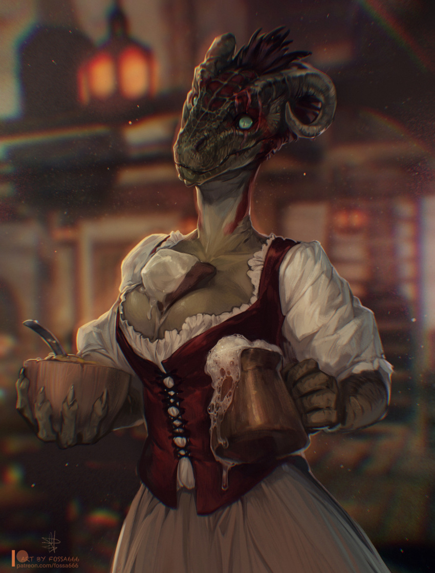 2022 alcohol anthro argonian beer bethesda_softworks between_breasts beverage big_breasts breasts cleavage clothed clothing detailed_background digital_media_(artwork) female fossa666 hi_res horn reptile scalie skimpy solo the_elder_scrolls waiter