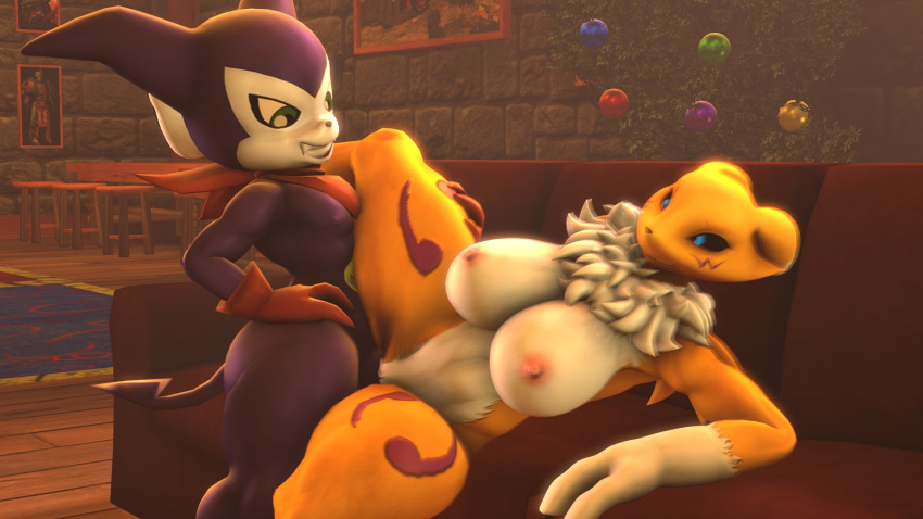 anthro aryentai bandai_namco big_breasts breasts canid canine christmas couch_sex digimon digimon_(species) duo female fox hi_res holidays humanoid imp impmon leg_grab male male/female mammal mostly_nude nude penetration renamon romantic romantic_couple sex sideway_missionary_position thick_thighs thigh_grab vaginal vaginal_penetration
