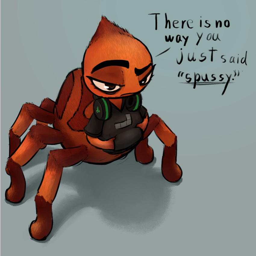 anthro arachnid arthropod clothed clothing dialogue dreamworks english_text eyebrows female grey_background hands_in_both_pockets headphones hi_res hoodie ms._tarantula_(the_bad_guys) mygalomorph raised_eyebrow shlobba simple_background solo spider suggestive_dialogue tarantula text the_bad_guys topwear unimpressed