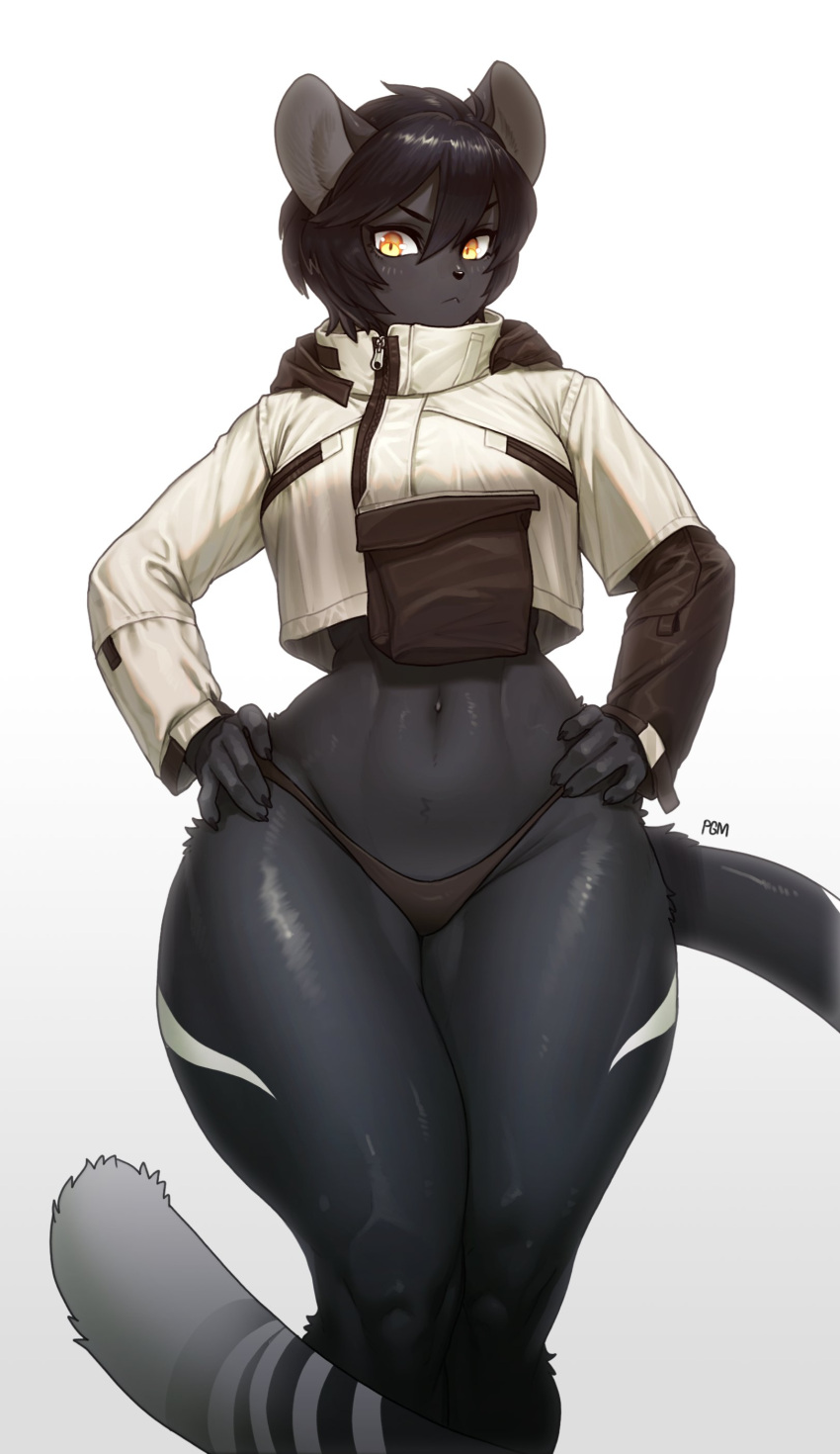 2022 absurd_res anthro black_hair breasts clothing curvy_figure felid female hair hands_on_hips hi_res jacket mammal navel nisha_(pocket-sand) panties pgm300 solo stripes thick_thighs topwear underwear wide_hips yellow_eyes