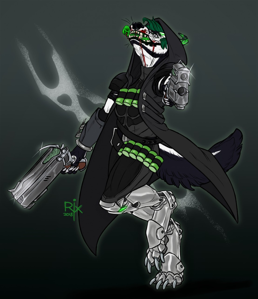 2018 anthro armor artist_name black_body black_fur black_nose black_sclera blood blood_from_mouth blood_in_mouth bodily_fluids canid clothed clothing dated fangs full-length_portrait fur glistening glistening_eyes green_hair green_tongue grey_eyes gun hair hi_res holding_gun holding_object holding_weapon looking_at_viewer male mammal open_mouth portrait ranged_weapon riorix simple_background solo teeth three-quarter_view tongue weapon white_body white_fur
