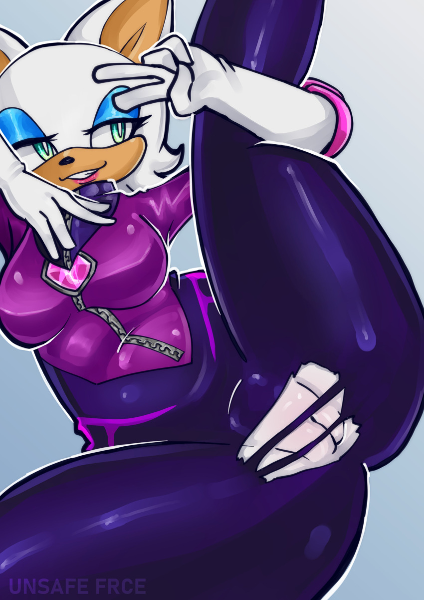 absurd_res anthro bat big_breasts bottomwear breasts clothed clothing digital_drawing_(artwork) digital_media_(artwork) female flexible fur genitals hi_res idw_publishing looking_at_viewer makeup mammal pants pussy raised_leg rouge_the_bat rubber rubber_clothing rubber_suit sega simple_background smile solo sonic_prime sonic_the_hedgehog_(comics) sonic_the_hedgehog_(idw) sonic_the_hedgehog_(series) spread_legs spreading tight_clothing torn_bottomwear torn_clothing torn_pants unsafefrce