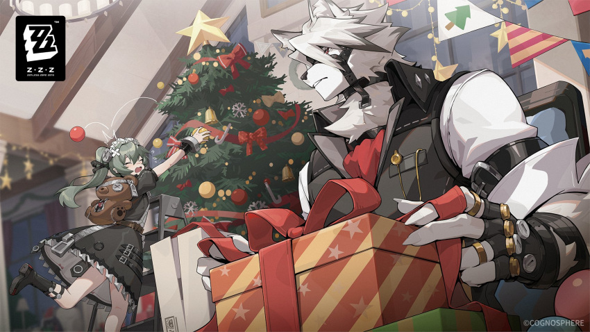 canid canine canis christmas christmas_decorations christmas_tree clothed clothing corin_wickes duo female fingerless_gloves fur gift gloves green_hair hair handwear harness hi_res holidays human leather_straps male mammal mihoyo official_art plant red_eyes tree von_lycaon white_body white_fur wolf zenless_zone_zero