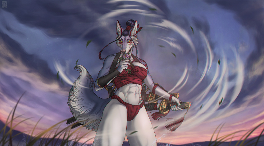 2022 abs anthro breasts canid canine canis clothed clothing day detailed_background digital_media_(artwork) female fur hair hi_res holding_object holding_sword holding_weapon mammal melee_weapon moon-s outside sky solo sword weapon wolf