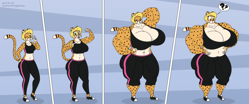 &copy; 2022 absurd_res anthro belly belly_expansion big_breasts blonde_hair bottomwear breasts cheetah clothing corrina_(pudgyprose) digital_media_(artwork) expansion felid feline female footwear fur green_eyes growth hair hi_res huge_breasts mammal muscle_growth musclegut muscular muscular_anthro muscular_female navel open_mouth question_mark satsumalord shoes solo speech_bubble spots spotted_body spotted_fur symbol tongue tongue_out topwear