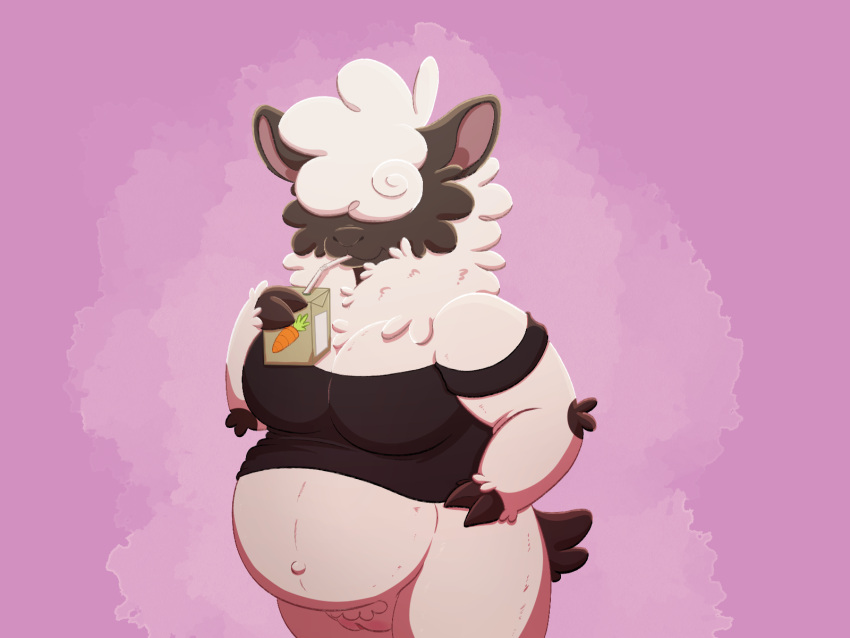 anthro barkfur_(artist) big_breasts bottomless bovid breasts caprine casual_exposure clothed clothing drinking female genitals hi_res juice_box maggie mammal pregnant pregnant_female pussy sheep slightly_chubby solo