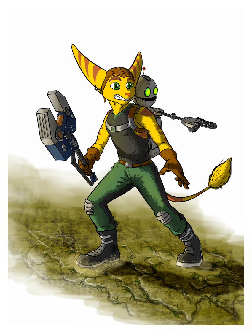 absurd_res anthro boots clank_(ratchet_and_clank) clothing footwear gloves handwear hi_res lombax machine male mammal omniwrench ratchet ratchet_and_clank robot solo sony_corporation sony_interactive_entertainment stripes sygnatus