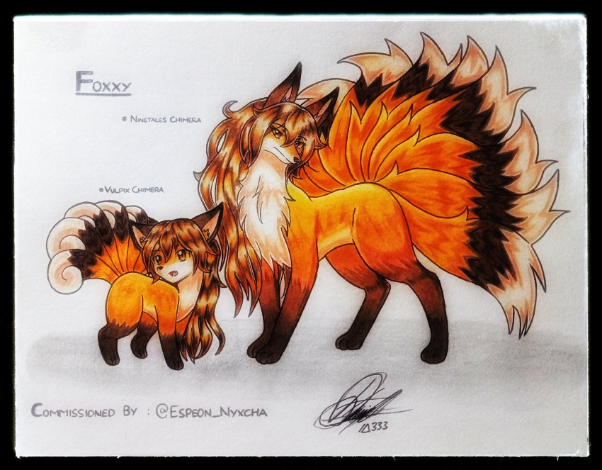 6_tails 9_tails black_body black_fur black_hair canid canine duo female feral foxxi fur generation_1_pokemon hair head_fur hi_res ideltasarc333 mammal multi_tail ninetales nintendo orange_body orange_fur pokemon pokemon_(species) red_eyes solo vulpix white_body white_fur