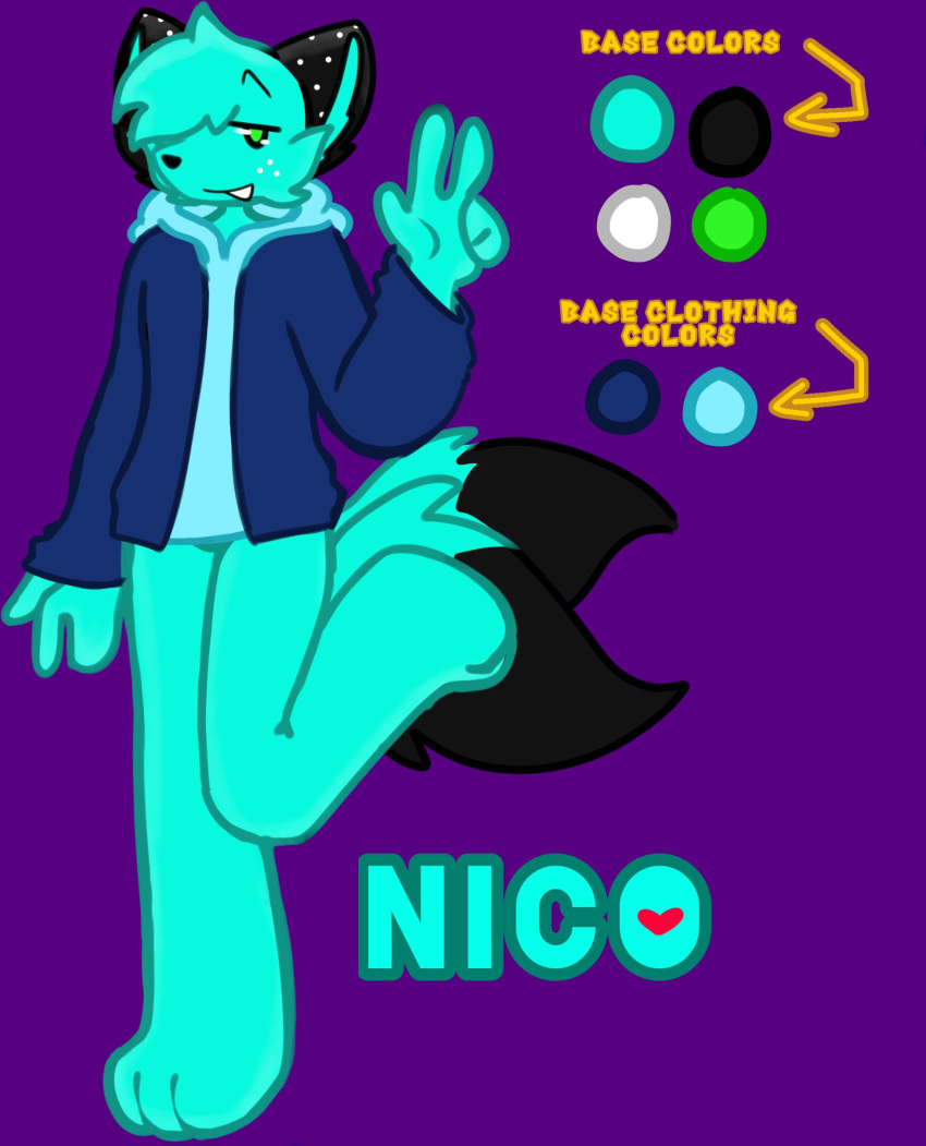 absurd_res anonymous_artist anthro black_ears black_nose blue_body blue_fur canid canine canis clothing domestic_cat felid feline felis freckles fur gesture green_eyes hi_res hoodie hybrid male mammal model_sheet multi_tail nico_(arineko) overcoat pose raised_leg smile solo spotted_ears topwear v_sign wolf