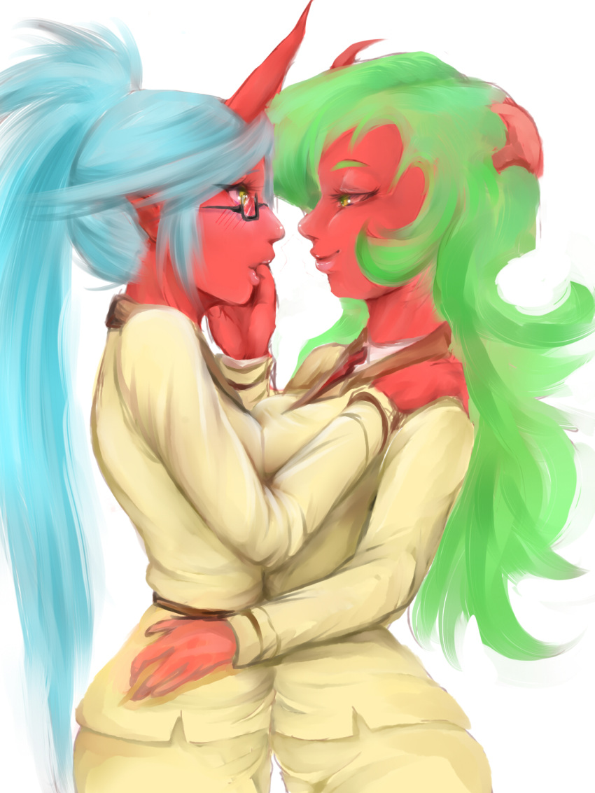 2013 3:4 blue_hair blush demon demon_humanoid duo female female/female finger_in_mouth green_hair hair hi_res horn horned_humanoid humanoid humanoid_pointy_ears incest_(lore) kneesocks_daemon nabesiki not_furry panty_and_stocking_with_garterbelt ponytail red_body red_skin scanty_daemon sibling sister sisters