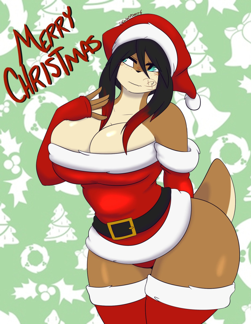 2021 anthro armwear belt belt_buckle big_breasts black_hair blue_eyes blush breasts brown_body brown_fur christmas christmas_background christmas_clothing christmas_headwear cleavage clothed clothing dewwydarts elbow_gloves english_text female fingerless_elbow_gloves fingerless_gloves fur gloves hair handwear hat headgear headwear hi_res highlights_(coloring) holidays legwear mammal multicolored_hair mustelid otter red_armwear red_clothing red_elbow_gloves red_gloves red_handwear red_highlights rino_(dewwydarts) santa_hat solo standing text thick_thighs thigh_highs two_tone_hair wide_hips