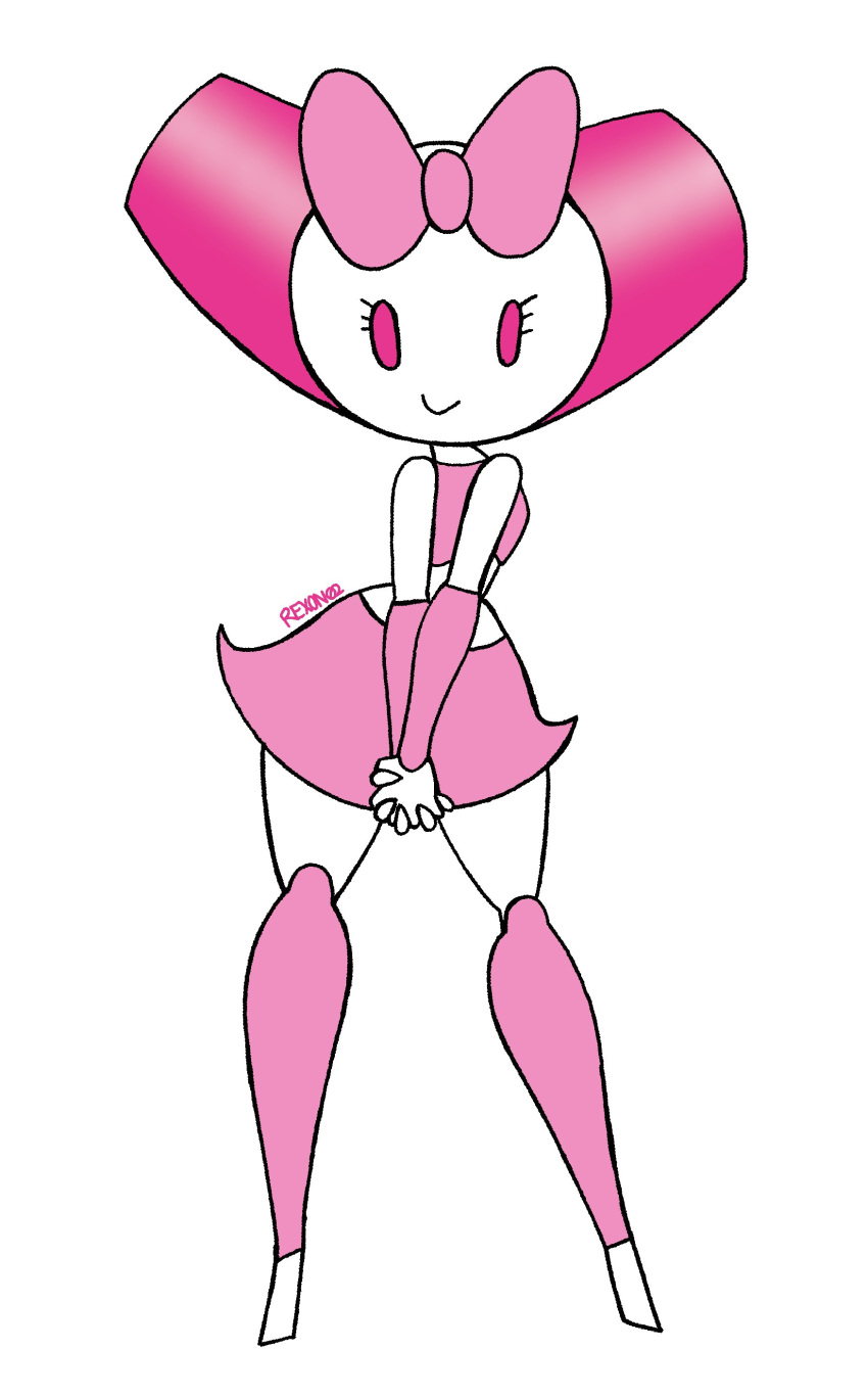 absurd_res accessory bottomwear bow_ribbon clothed clothing female hair_accessory hair_bow hair_ribbon hi_res humanoid looking_at_viewer machine pink_eyes rexon02 ribbons robot robot_humanoid robotboy robotgirl_(robotboy) simple_background skirt solo standing white_background white_body