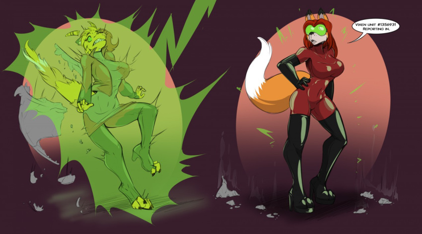 2018 5_fingers anthro before_and_after big_breasts black_body black_fur black_latex blonde_hair boots brainwashing breasts canid canine clothing dialogue dragon dream_searcher_(jortyguy) drone dronification female fingers fluffy fluffy_tail footwear fox fur green_eyes hair hand_on_hip helixjack high_heeled_boots high_heels latex latex_boots latex_clothing latex_elbow_gloves mammal mind_control multicolored_body multicolored_fur open_mouth orange_body orange_fur purple_background red_bodysuit red_hair red_latex rubber rubber_boots rubber_clothing rubber_suit scales scalie simple_background solo species_transformation transformation visor white_body white_fur yellow_body yellow_scales