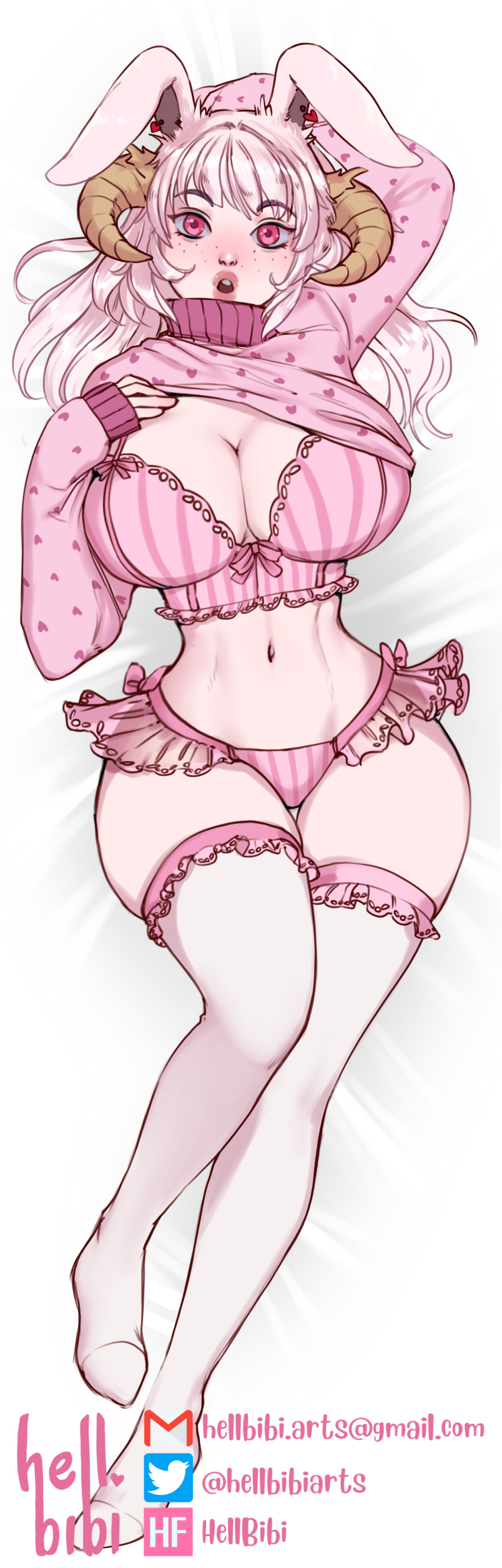 abs absurd_res big_breasts blonde_hair breasts cleavage clothed clothing female hair hellbibi hi_res horn humanoid lingerie pink_clothing pink_lingerie pink_underwear rabbit_ears solo underwear wide_hips