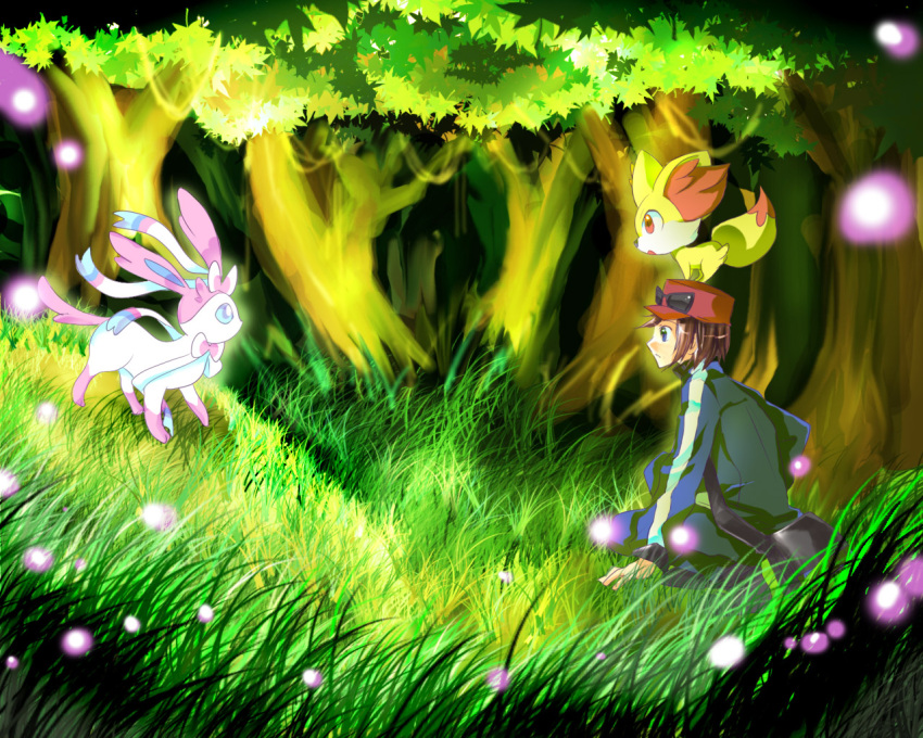 5:4 ambiguous_gender calem_(pokemon) canid canine carrying detailed_background digital_drawing_(artwork) digital_media_(artwork) digitigrade eeveelution eye_contact fennekin feral forest generation_6_pokemon grass group hand_on_ground human japanese_description kneeling looking_at_another male mammal nintendo on_head plant pokemon pokemon_(species) quadruped shaded standing sylveon tree trio whterjp