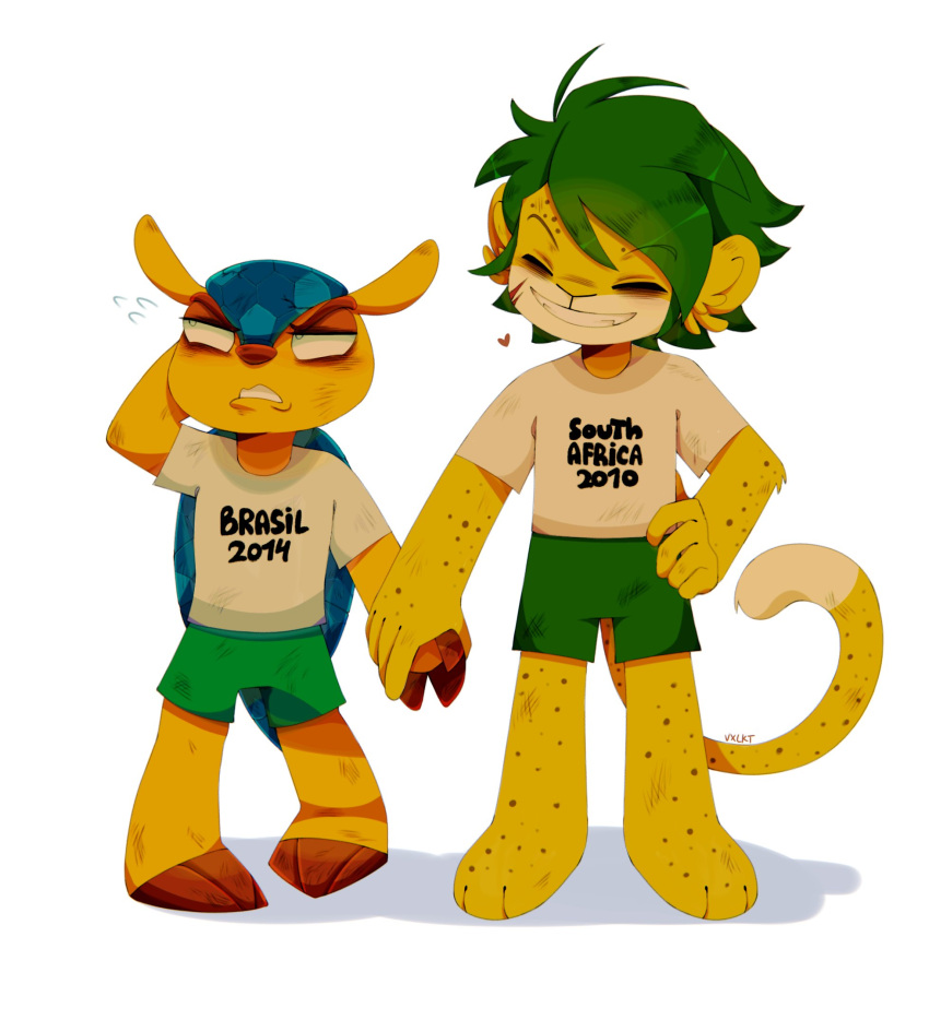 &lt;3 anthro armadillo barefoot bloodrusher brazil clenched_teeth clothed clothing duo feet felid fuleco fur green_hair hair hand_behind_head hand_grab hand_holding hi_res leopard male male/male mammal nervous pantherine simple_background size_difference smile south_africa teeth white_background xenarthran yellow_body yellow_fur zakumi