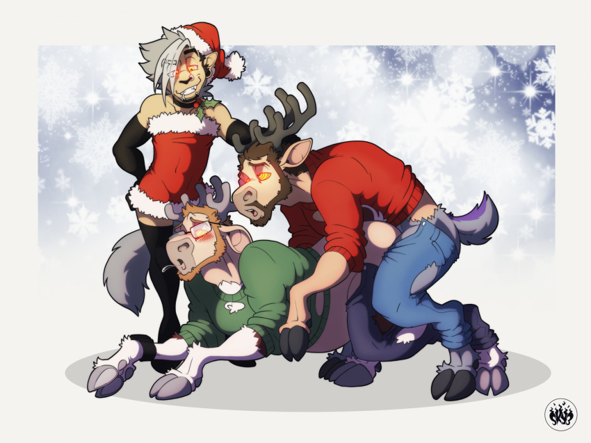 anal anal_penetration anthro antlers armwear beard blush bottomwear capreoline christmas christmas_clothing clothed clothing crossdressing deer denim denim_clothing elbow_gloves evil_grin facial_hair forced forced_transformation from_behind_position gloves glowing glowing_eyes group handwear hi_res holidays hooves horn human humanoid hypnosis jeans legwear male male/male mammal mid_transformation mind_control mounting pants penetration reindeer rutting sex shirt simple_background sky3 smile snowflake_pattern spiral_eyes stockings topwear torn_bottomwear torn_clothing torn_jeans torn_pants torn_shirt torn_topwear transformation trio