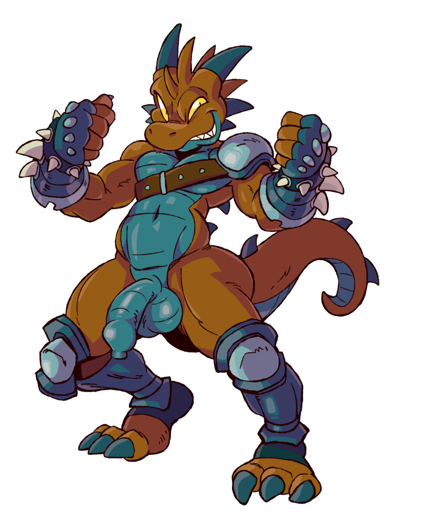 2022 3_toes 5_fingers anthro armband armor armor_only atlas_(efoxboli76) back_spines balls biceps big_balls big_penis biped brawler brown_body brown_strap claws closed_smile cocky cocky_smile countershading digital_media_(artwork) fangs feet fighting_pose fingers fist flaccid foreskin genitals greaves green_body green_claws green_horn green_scales green_spines green_toe_claws grin grinning_at_viewer head_spines hi_res horn humanoid_genitalia humanoid_penis kobold leather_strap looking_aside looking_at_viewer male monotone_eyes mostly_nude multicolored_body muscular muscular_anthro muscular_male narrowed_eyes navel non-mammal_balls pecs penis poleyn pose pupils reptile reverse_countershading scales scalie sharp_teeth short shoulder_guard side_butt simple_background slit_pupils small_but_hung smile smiling_at_viewer solo spaulder spiked_armband spiked_armwear spikes straps tail_spines tderek99 teeth toe_claws toes toony two_tone_body unretracted_foreskin vambraces warrior white_background wide_hips yellow_sclera