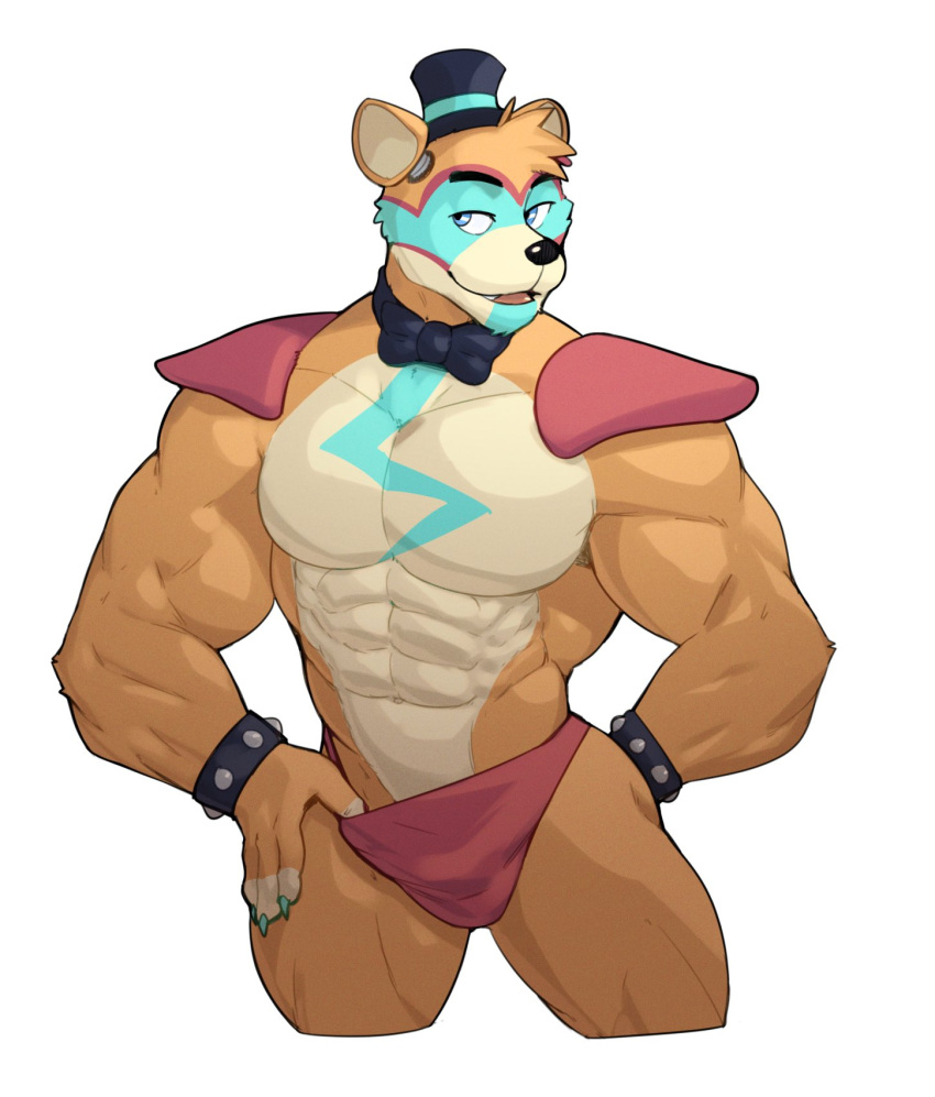 abs anthro bear blue_body blue_claws blue_eyes bow_tie bracelet bulge claws clothed clothing eyebrows five_nights_at_freddy's five_nights_at_freddy's:_security_breach glamrock_freddy_(fnaf) hat headgear headwear hi_res jewelry jrjresq male mammal muscular muscular_anthro muscular_male navel open_mouth pecs red_clothing red_underwear scottgames shirtless shoulder_guards simple_background smile solo tan_body teeth thumb_in_waistband tongue top_hat topless underwear underwear_only white_background yellow_body