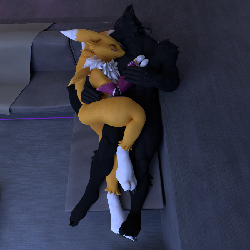 &lt;3 1:1 3d_(artwork) alexthewolf1337 anthro armwear bandai_namco black_body black_fur bridal_gauntlets canid canine canis clothing cuddling digimon digimon_(species) digital_media_(artwork) duo female fur furniture hand_hold hi_res kiss_on_forehead love male male/female mammal renamon sofa white_body white_fur wolf yellow_body yellow_fur