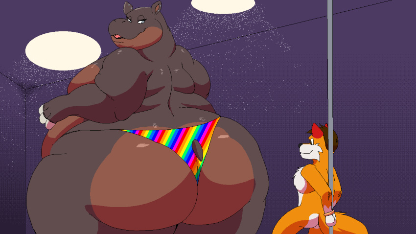 16:9 animated anthro bdsm belly between_cheeks big_belly big_butt bondage bound brown_body brown_hair brown_skin butt butt_jiggle canid canine chubby_male clothing duo facesitting feral fox fur grey_body hair hands_tied hands_tied_behind_back hippopotamid huge_butt jiggling julian_(kazecat) kazecat looking_back male male/male mammal overweight overweight_anthro overweight_male ozzifoxy pole red_ears short_playtime size_difference smile stripper_pole thong underwear white_body white_fur widescreen yellow_body yellow_fur