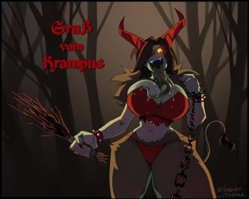 2022 anthro big_breasts bovid bra bracelet breasts brown_hair caprine caprine_demon chain chain_leash christmas clothing demon fangs female forest forest_background german_text goat_demon hair hi_res holidays horn jewelry krampus lapinbeau leash long_tongue mammal midriff monster nails nature nature_background navel one_eye_obstructed panties plant red_bra red_clothing red_horn red_panties red_underwear sharp_nails signature slim solo spiked_bracelet spikes tail_tuft teeth text thick_thighs tongue tree tuft twig underwear yellow_eyes