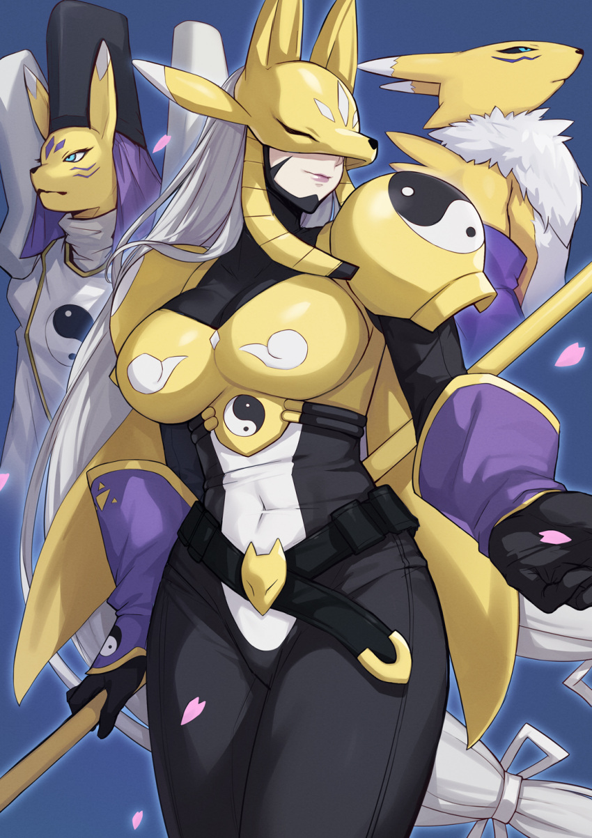 2022 ambiguous_gender anthro armor armwear bandai_namco black_clothing black_gloves black_handwear black_headwear black_sclera blue_eyes breasts clothed clothing digimon digimon_(species) ears_up evanyang female flower_petals fur fur_tuft gloves handwear headgear headwear hi_res holding_object humanoid lips multicolored_body multicolored_ears multicolored_fur neck_tuft petals purple_armwear purple_clothing renamon sakuyamon taomon tuft two_tone_ears white_body white_clothing white_ears white_fur yellow_body yellow_ears yellow_fur